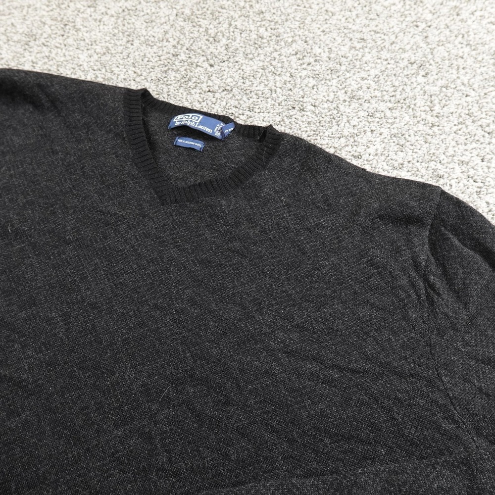 VTG Polo Ralph Lauren Sweater Mens 2XL Black Gray Merino Wool V Neck Pullover